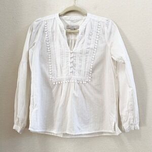 LOFT Petite White Pom Pom Trim V Neck Tassel Tie Long Sleeve Blouse Top XSP